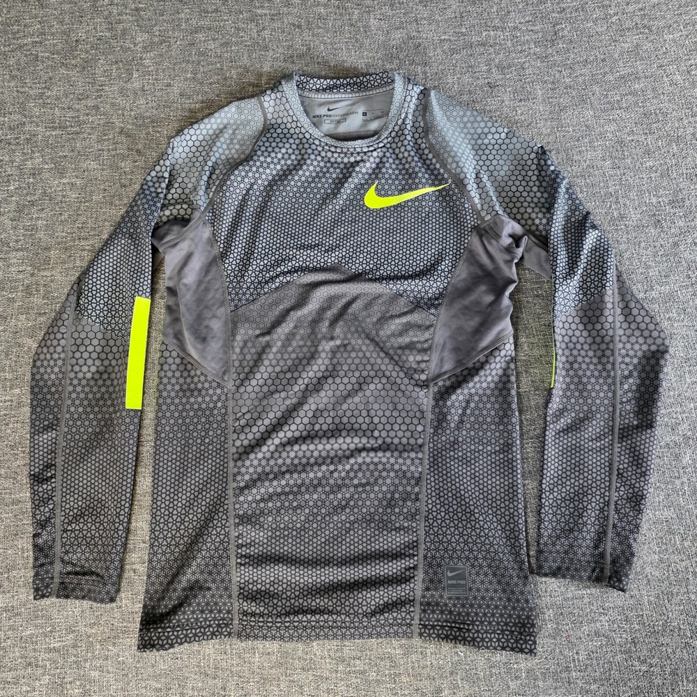 Nike Pro Hyperwarm Mens Small Gray Hexodrome Long Sleeve Fitted Shirt 802016-065